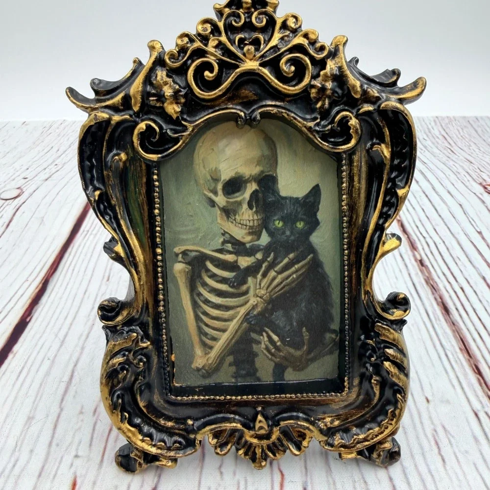 Handmade Skeleton Black Cat Art Ornate Baroque Gold Black Resin Frame